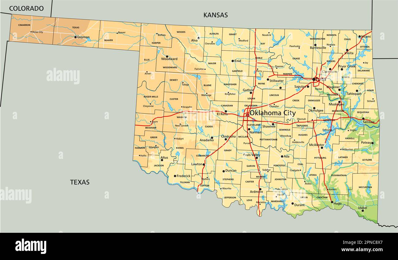 Mappa fisica dell'Oklahoma dettagliata con etichettatura. Illustrazione Vettoriale