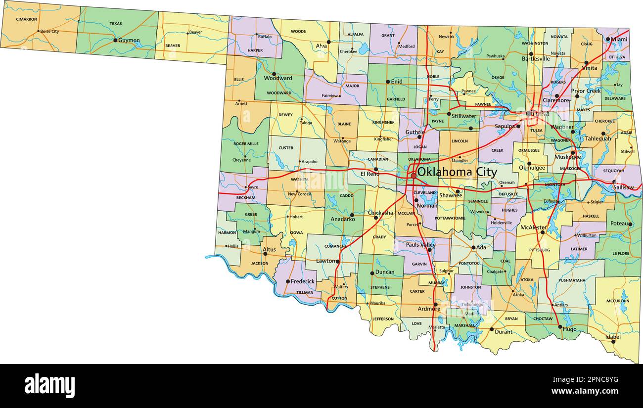 Oklahoma - mappa politica modificabile molto dettagliata con etichettatura. Illustrazione Vettoriale