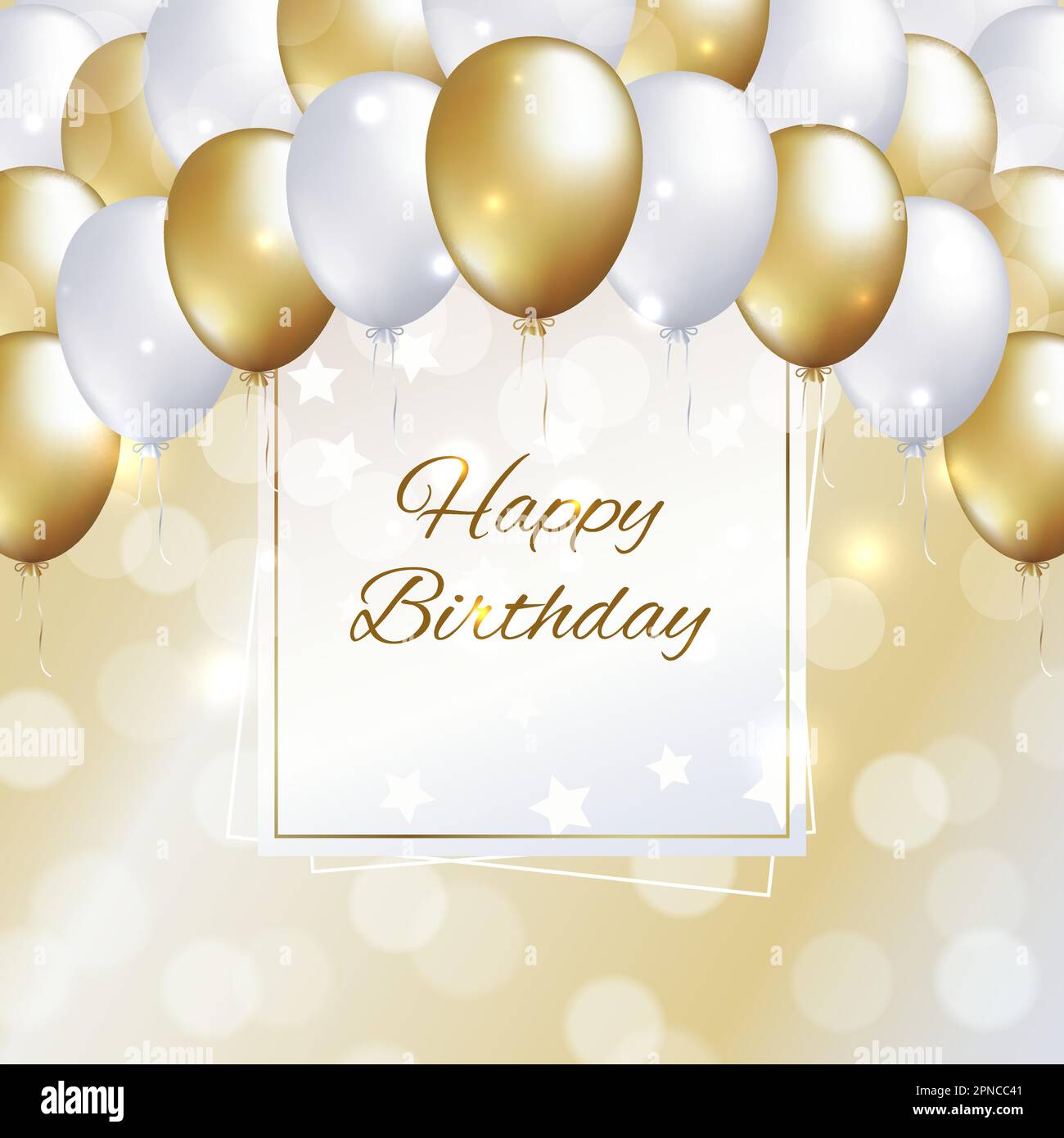 Buon compleanno con palloncini dorati e bianchi. Biglietto d'auguri. Sfondo festa con cornice per il testo. Palloncini d'oro e perla su una luce Illustrazione Vettoriale