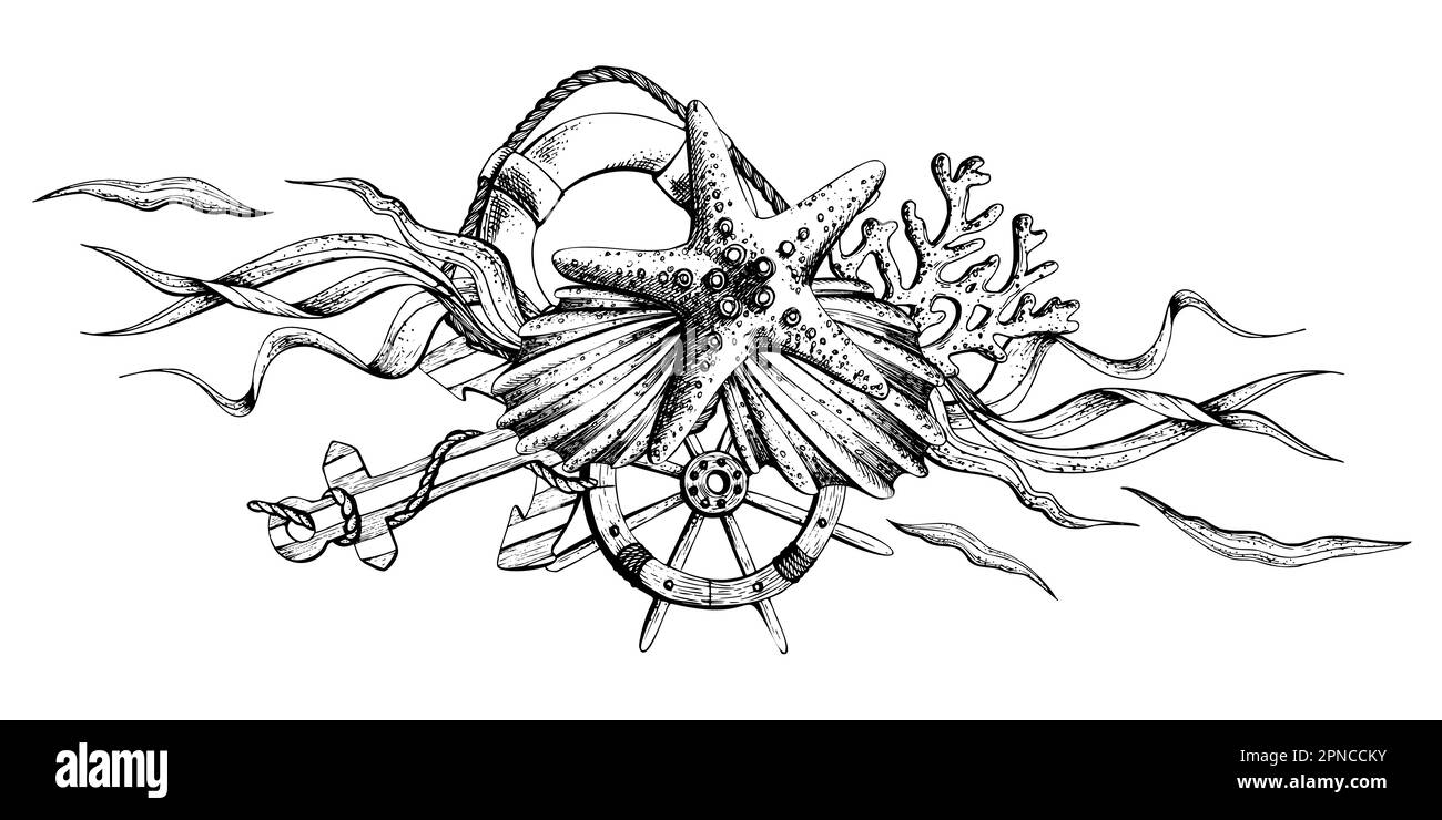 Animali marini con ancora, timone e salvagente. Illustrazione di grafici disegnati a mano, vettoriali in formato EPS. Composizione isolata su sfondo bianco. Illustrazione Vettoriale