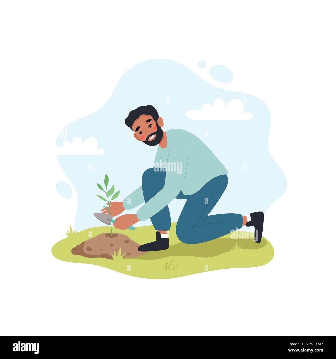 Uomo nero piantando fiori da giardino nel terreno. Maschio che lavora in giardino. Carino vettore illusione in stile cartone animato piatto Illustrazione Vettoriale