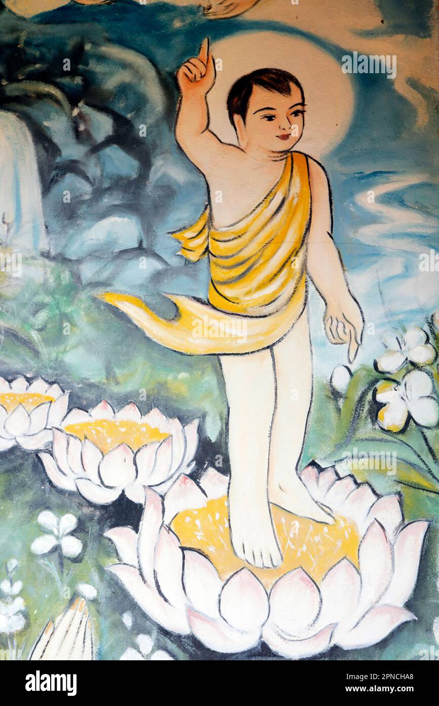 Tempio di Rong Thanh. Vita di Buddha, Siddhartha Gautama. La nascita del bambino Siddhartha come un principe che indica al nord, ha camminato sette gradini su lo Foto Stock