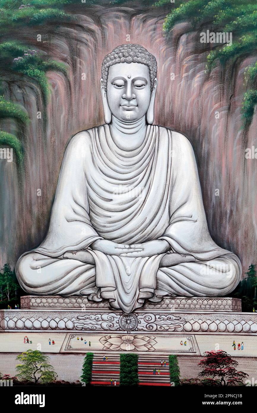 Siddhartha Gautama, il Buddha Shakyamuni. Pittura di parete. Mieu Ba Chua Xu tempio. Chau Doc. Vietnam. Foto Stock