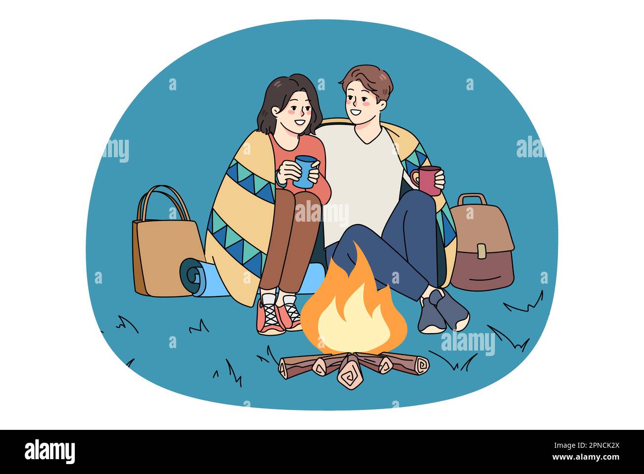 La coppia felice si siede vicino al fuoco abbracciando coccole drink caldo tè o caffè godere romantica data all'aperto. Uomo e donna sorridenti si rilassano nel fine settimana della natura serale insieme. Romanticismo. Illustrazione vettoriale. Illustrazione Vettoriale