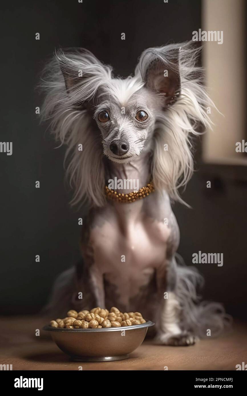 Curioso Сhinese cane crested guardando la macchina fotografica in casa. Adorabile animale domestico. In attesa della fine. Cibo per cani. Amore per gli animali Foto Stock