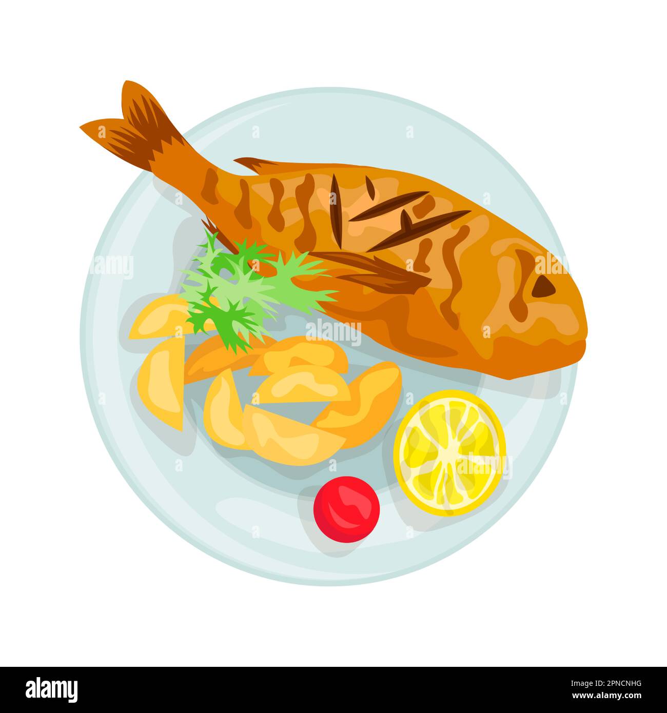 Pesce fritto con illustrazione di patate in stile cartone animato a colori. Disegno grafico vettoriale modificabile. Illustrazione Vettoriale
