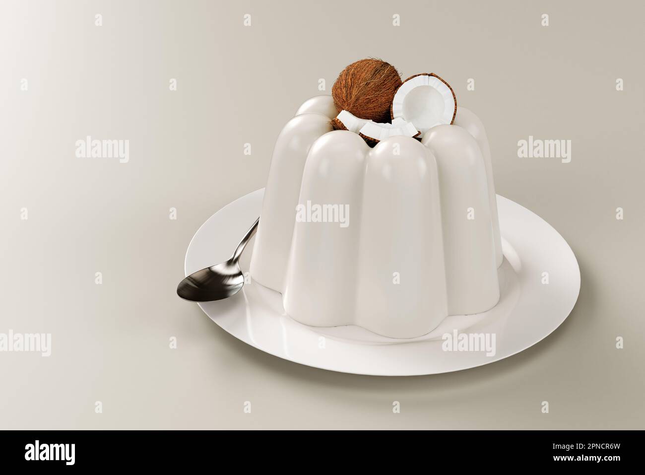 3D rendering - Pudding di cocco su piatto con cucchiaio, dettagli di alta qualità Foto Stock