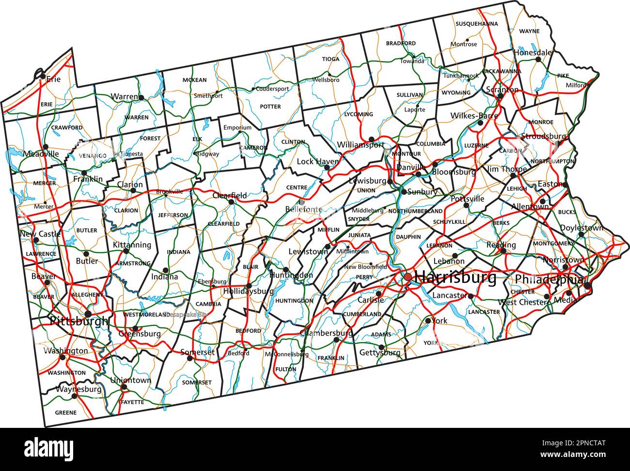 Mappa stradale e autostradale della Pennsylvania. Illustrazione vettoriale. Illustrazione Vettoriale
