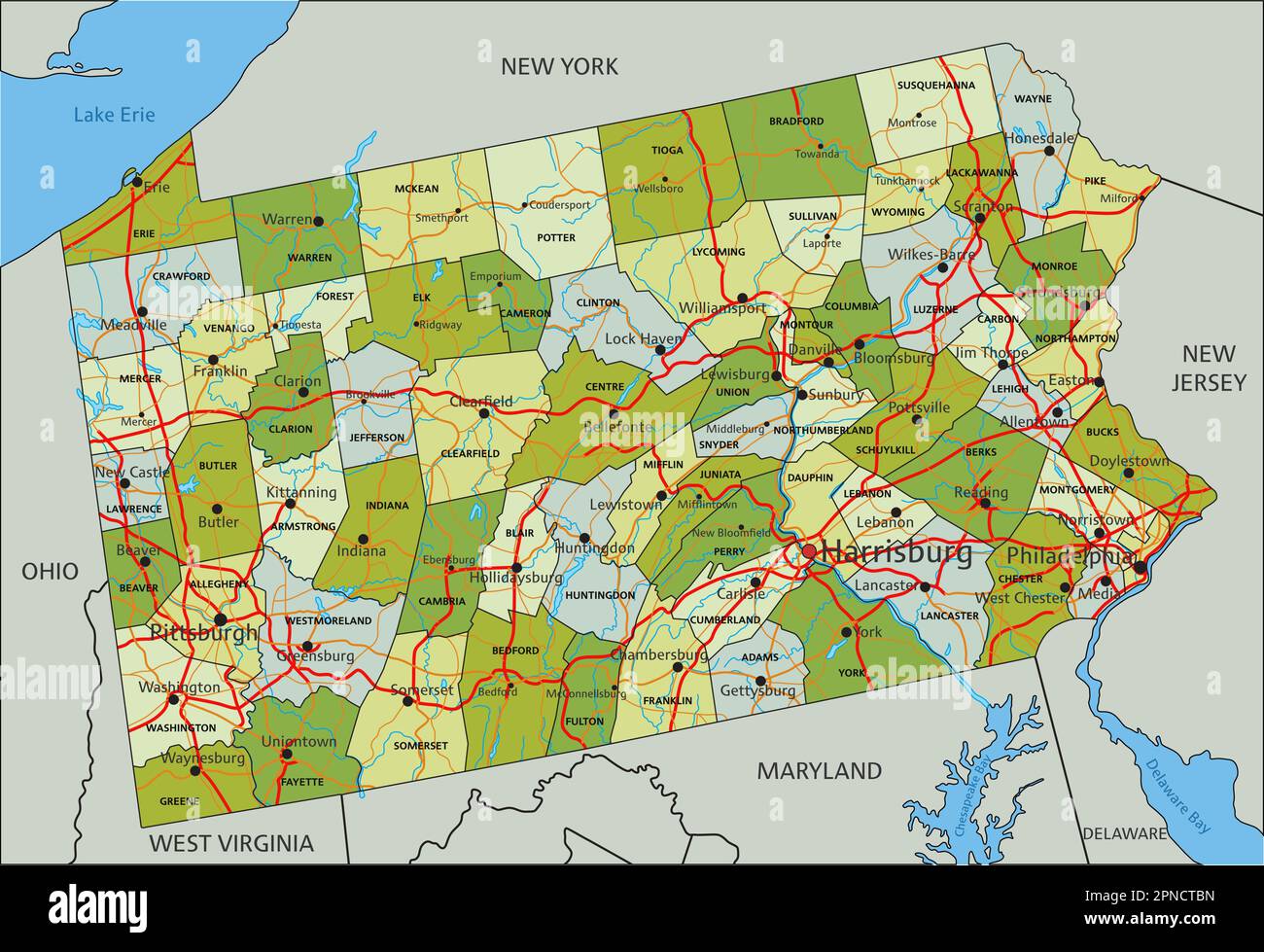 Mappa politica modificabile estremamente dettagliata con livelli separati. Pennsylvania. Illustrazione Vettoriale