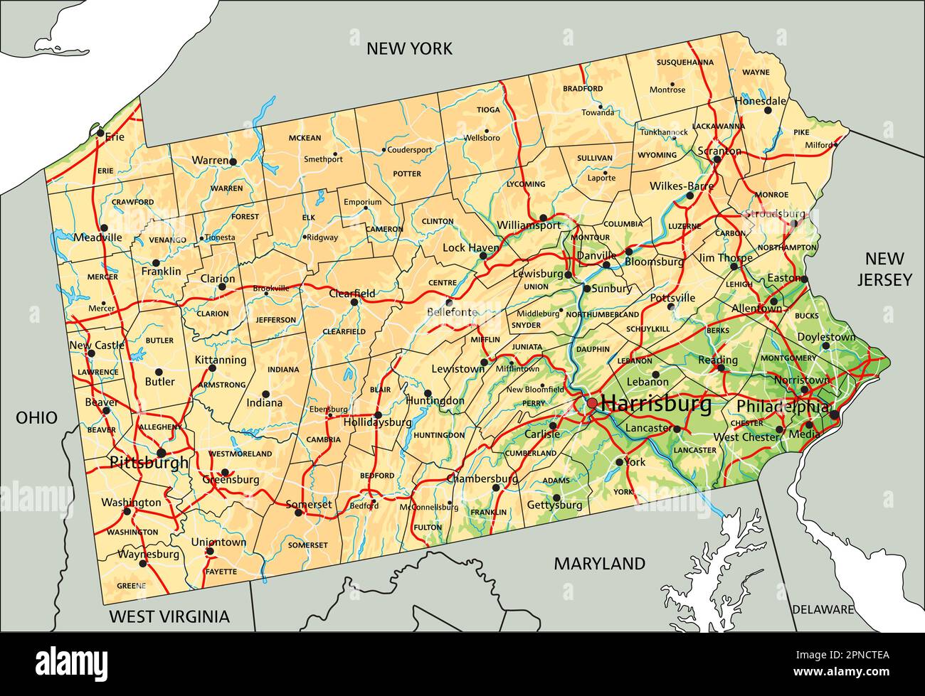 Mappa fisica della Pennsylvania dettagliata con etichettatura Immagine