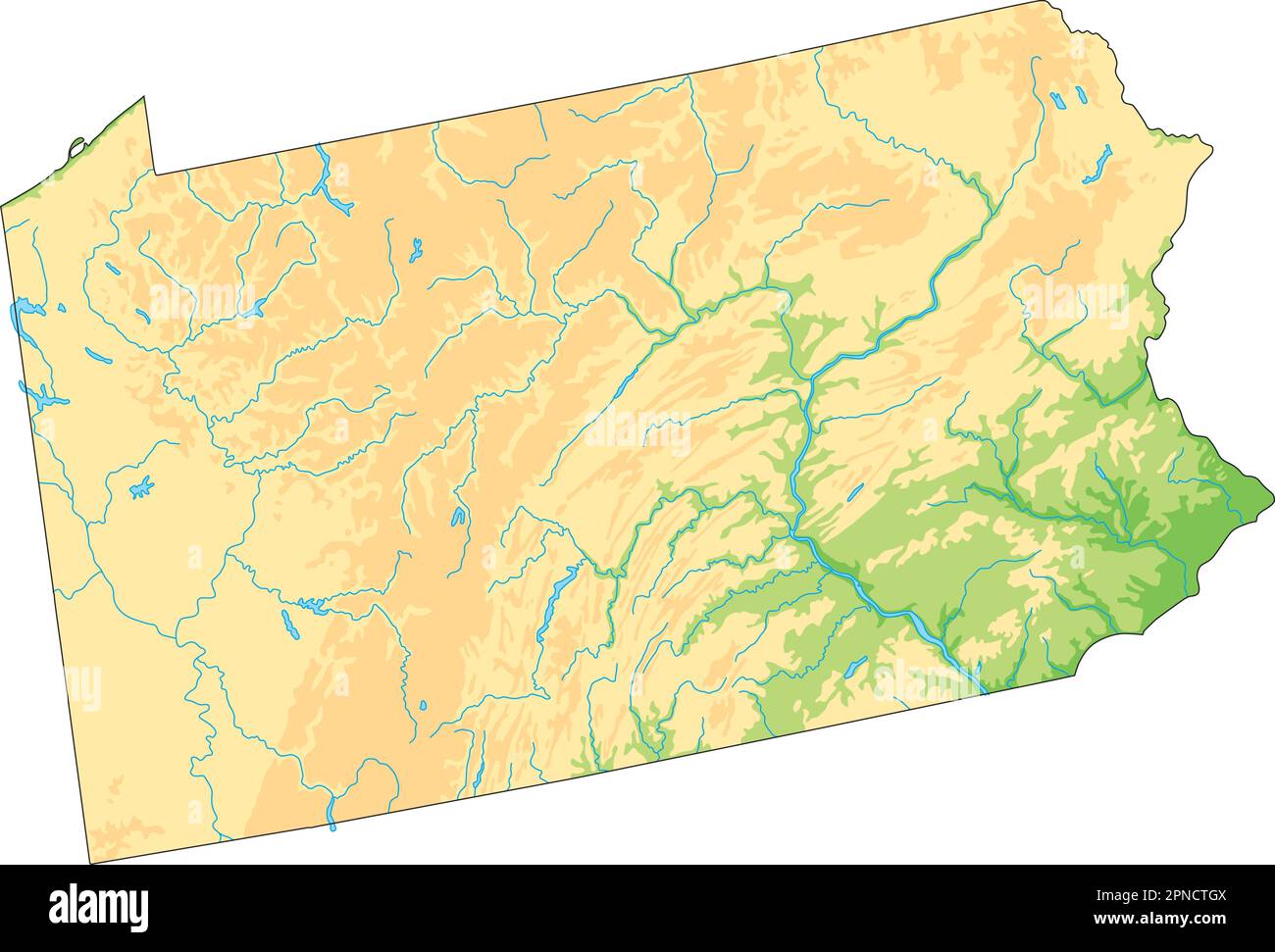 Mappa fisica della Pennsylvania ad alto dettaglio. Illustrazione Vettoriale