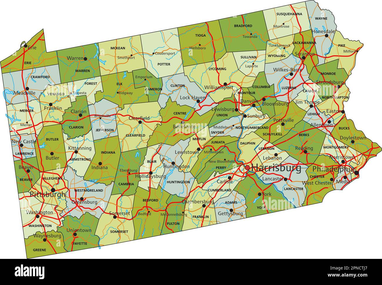 Mappa politica modificabile estremamente dettagliata con livelli separati. Pennsylvania. Illustrazione Vettoriale