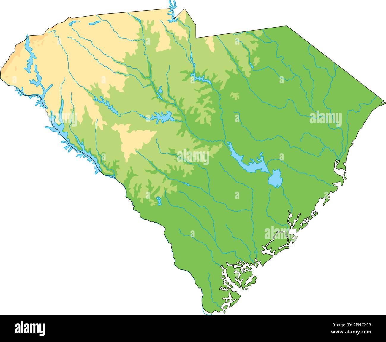 Mappa fisica del South Carolina dettagliata. Illustrazione Vettoriale