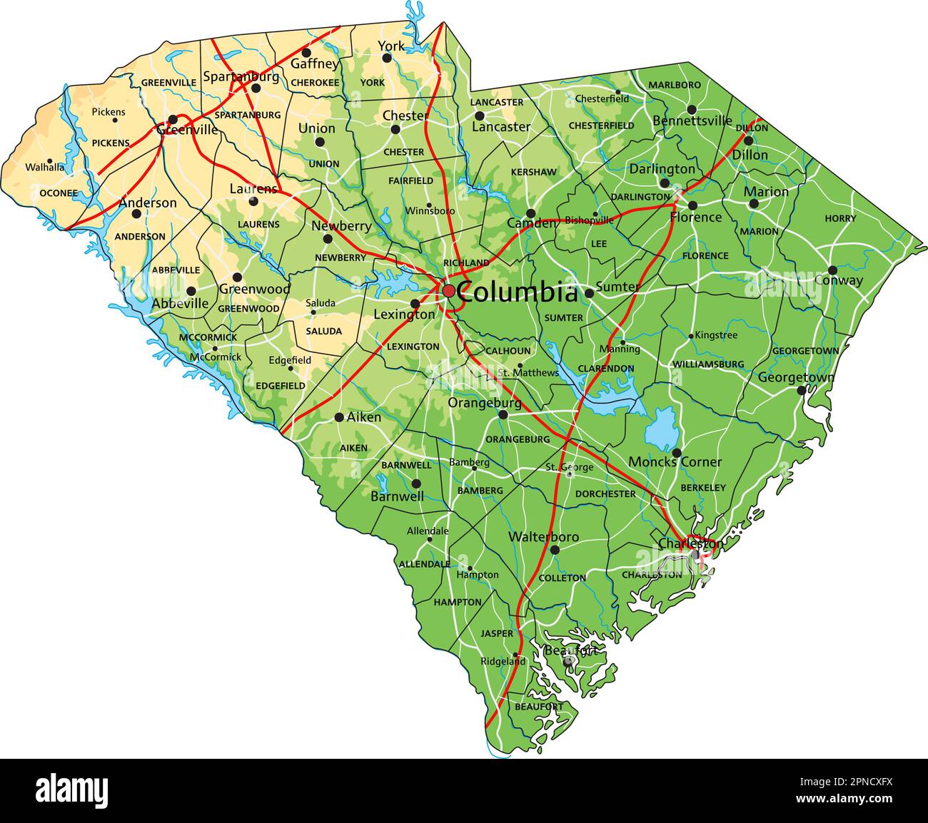 Mappa fisica del South Carolina dettagliata con etichettatura. Illustrazione Vettoriale