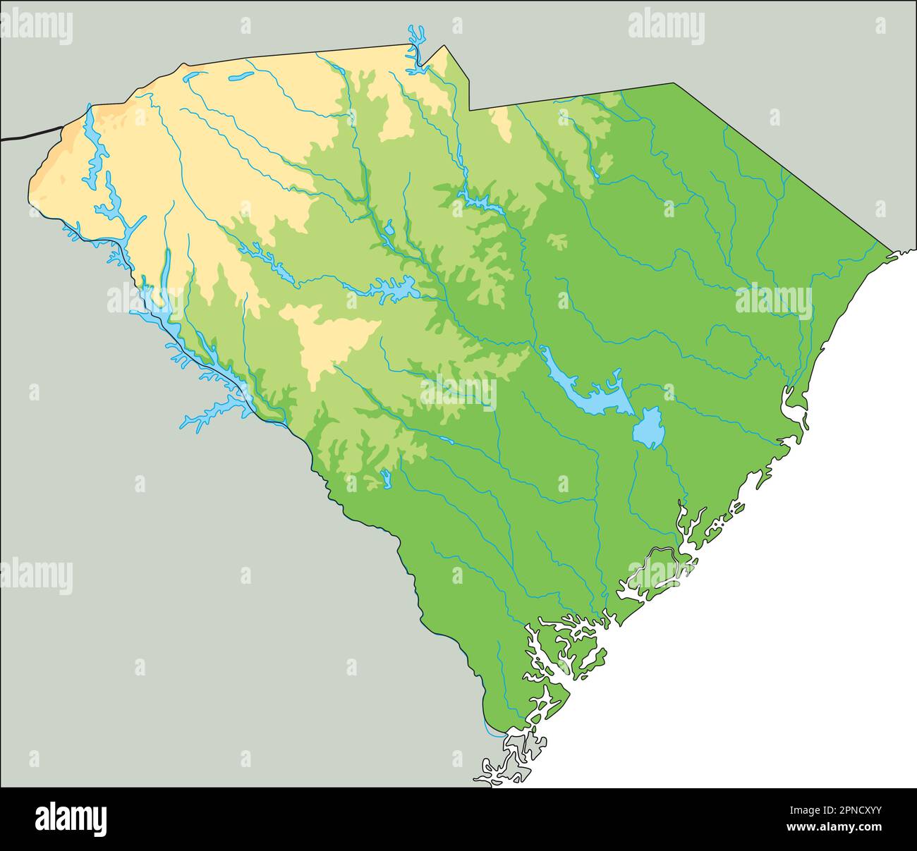 Mappa fisica del South Carolina dettagliata. Illustrazione Vettoriale