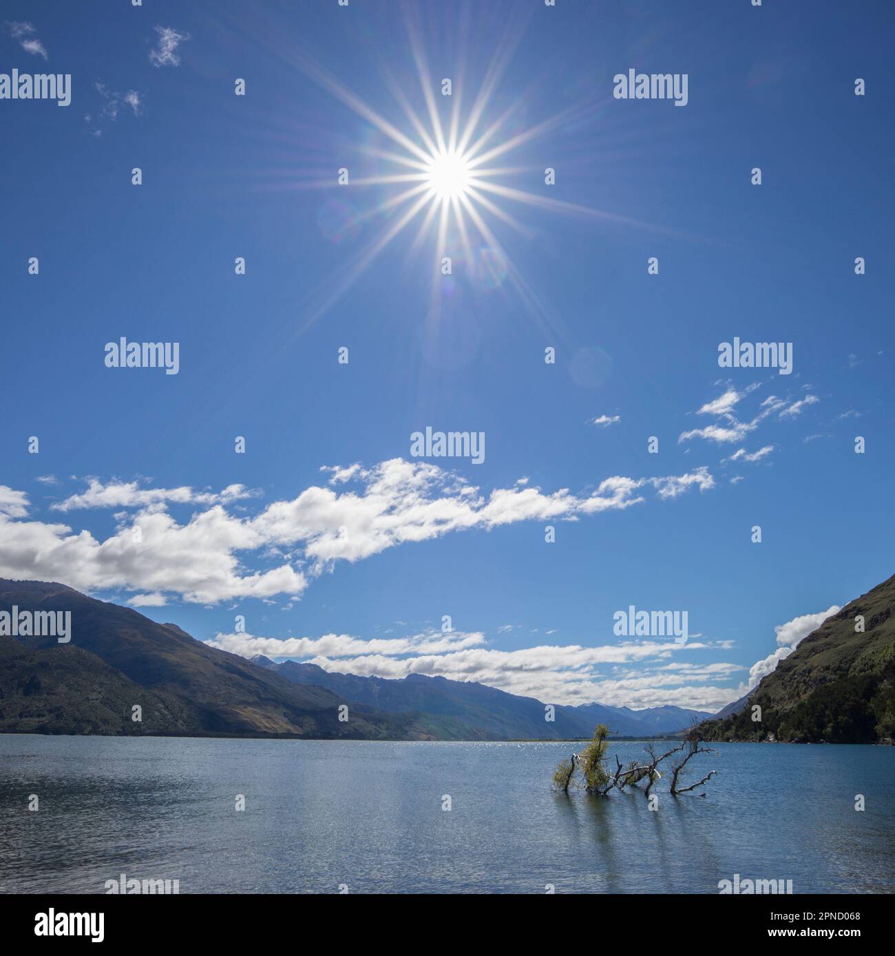 Sunstar, Lake Hawea, South Island, nuova Zelanda. Foto Stock
