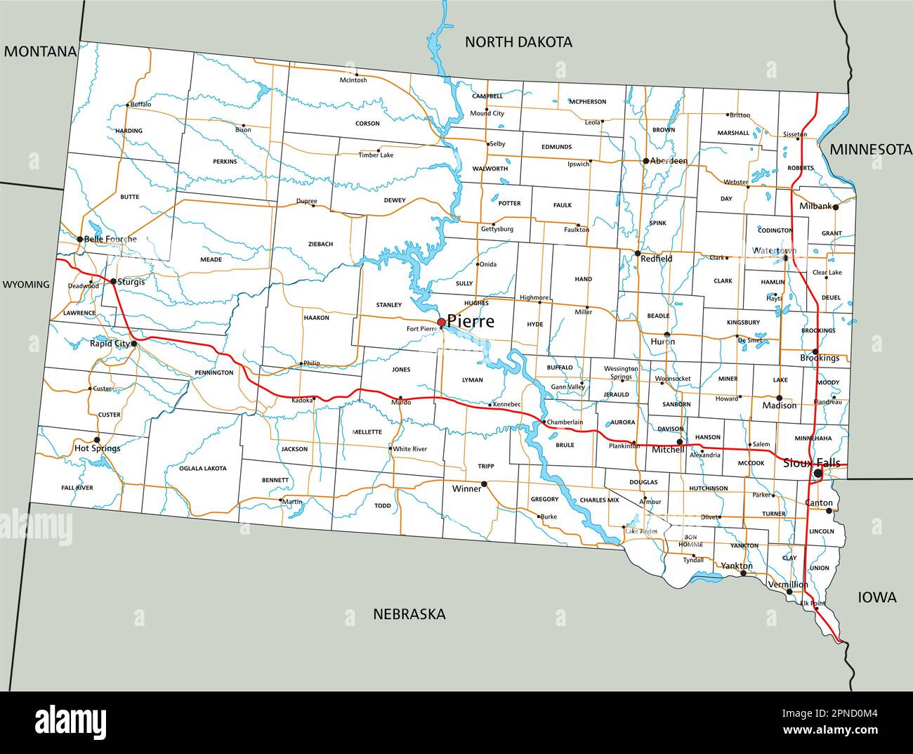 Mappa stradale e autostradale del South Dakota. Illustrazione vettoriale. Illustrazione Vettoriale