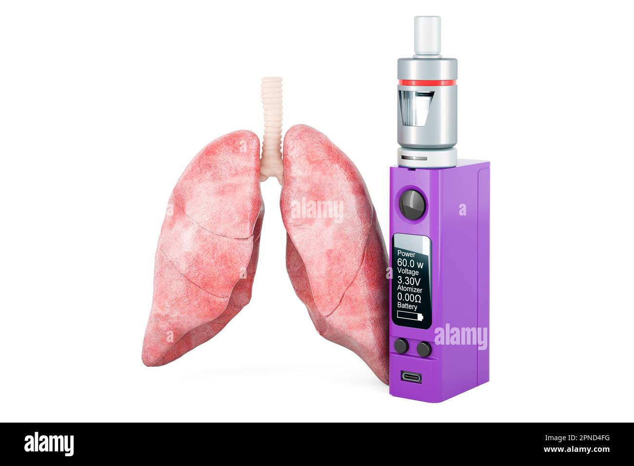 Box Mod e-sigaretta con polmoni. Malattia polmonare da fumo, concetto. 3D rendering isolato su sfondo bianco Foto Stock