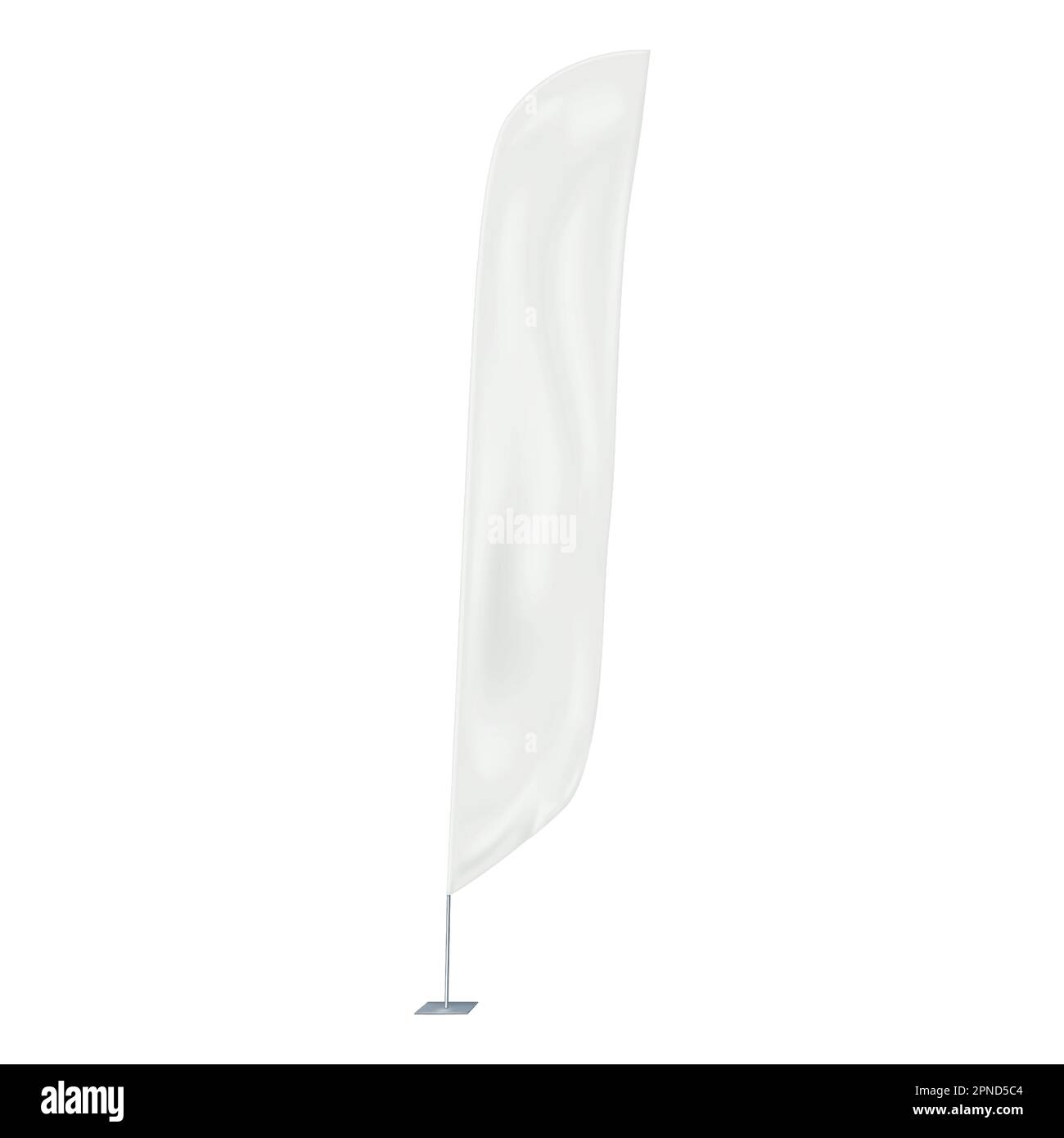 Simulazione vettoriale bandiera piuma bianca. Banner vuoto sul mockup dell'asta di metallo. Modello di cartello pubblicitario verticale Illustrazione Vettoriale