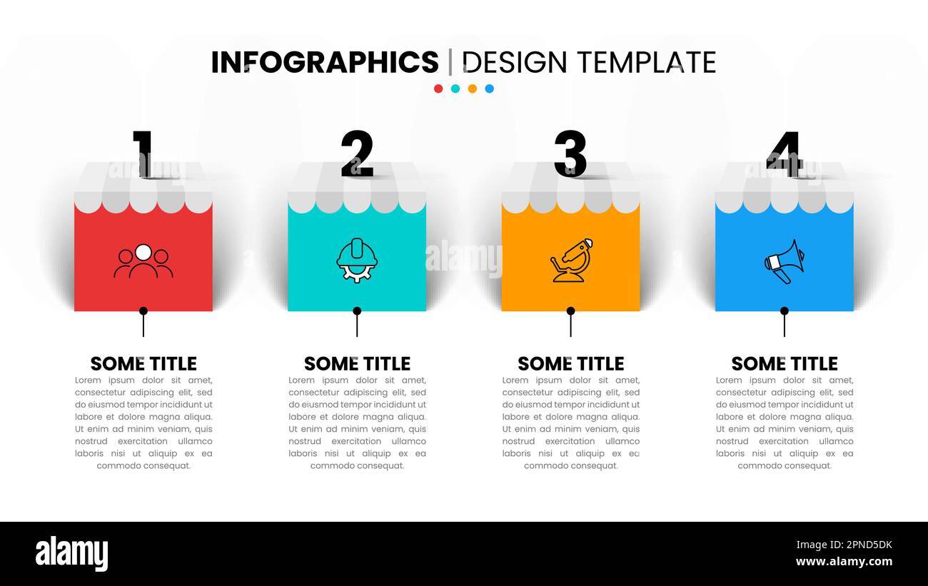 Modello infografico con icone e 4 opzioni o passaggi. Quadrato con una tenda. Può essere utilizzato per il layout del flusso di lavoro, il diagramma, il banner, il webdesign. Vettore ill Illustrazione Vettoriale