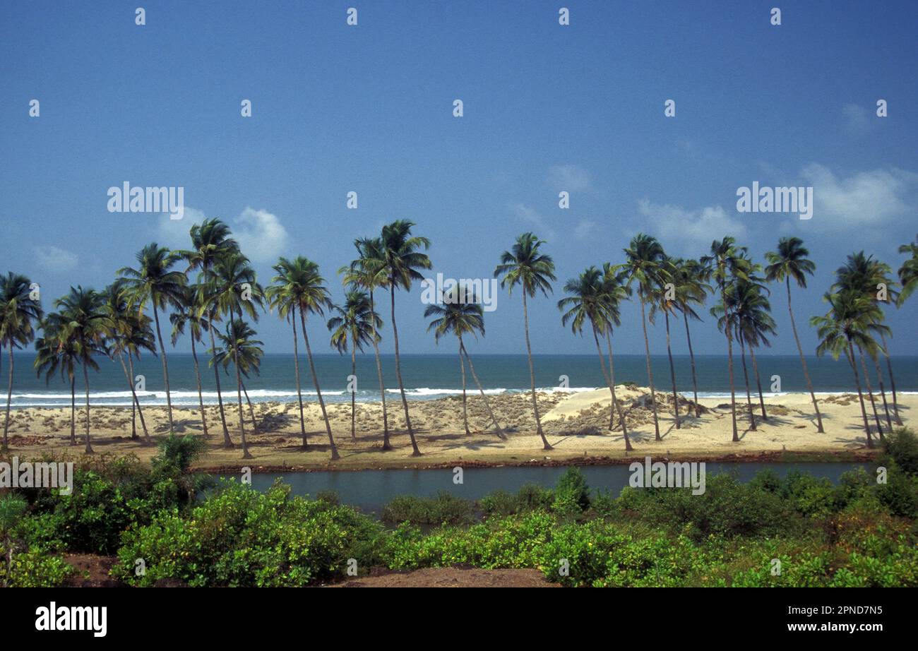 Una spiaggia di sabbia con paesaggio e costa alla città di Vagator nella provincia di Goa in India, India, Goa, aprile, 1996 Foto Stock