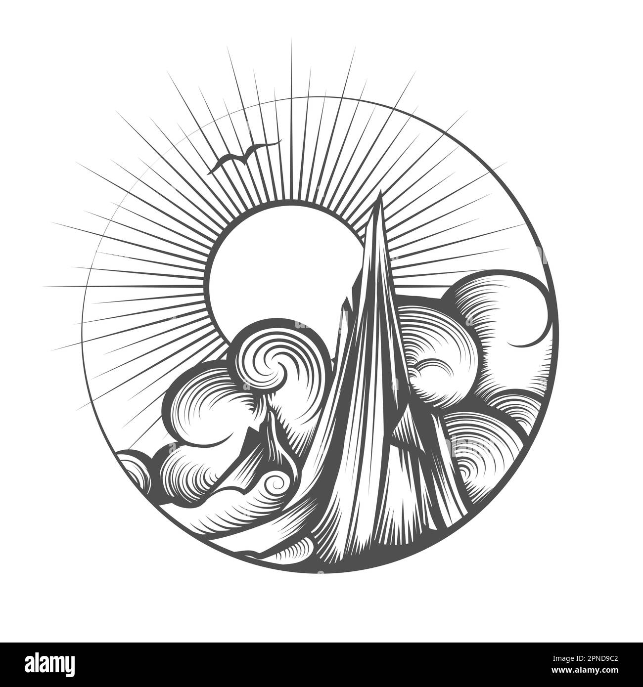 Paesaggio disegnato a mano con montane sole e nuvole disegnate in stile incavante isolato su sfondo bianco. Illustrazione vettoriale. Illustrazione Vettoriale