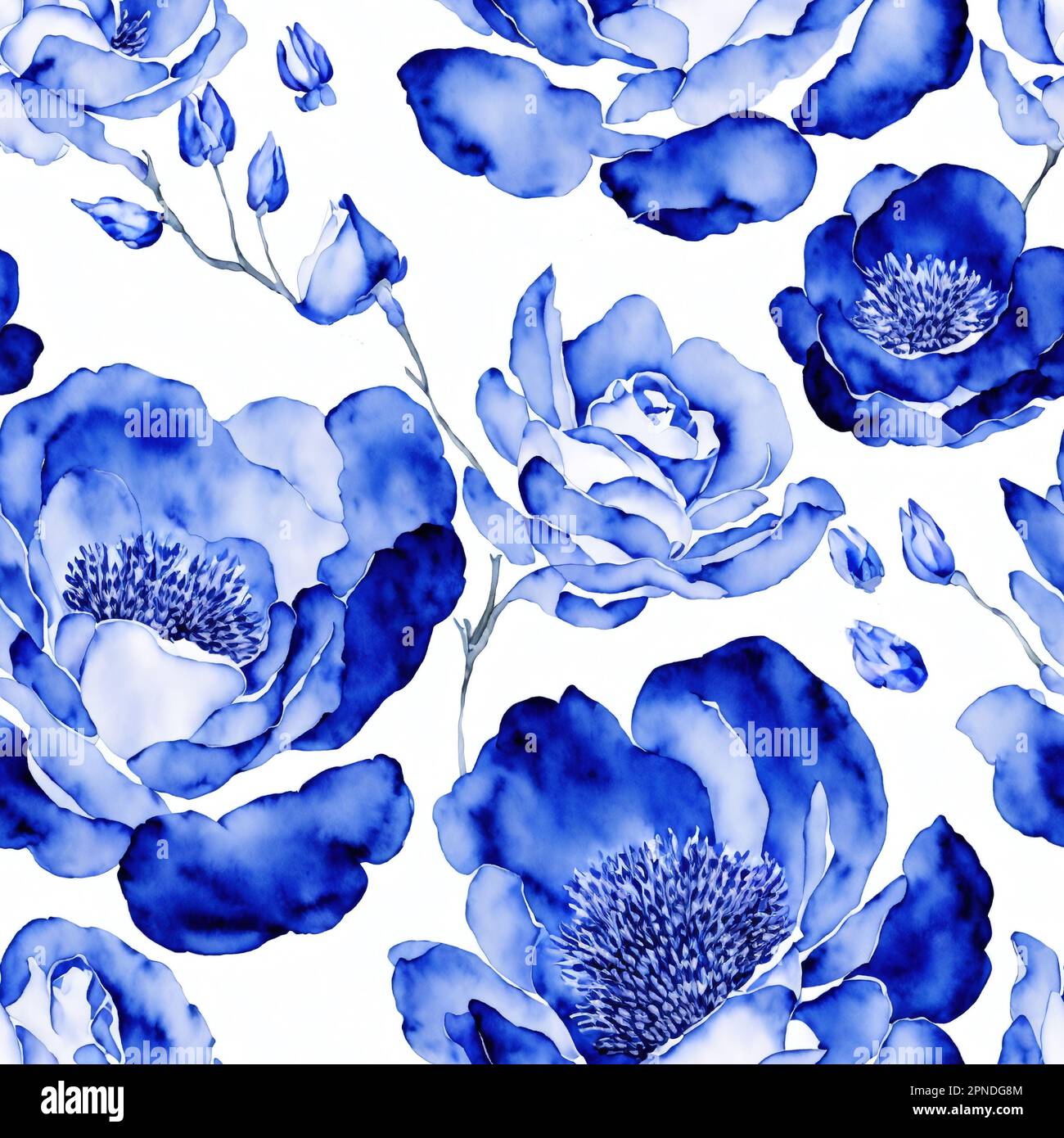 Blue Watercolor Fiori senza cuciture, porcellana floreale, fiori Foto Stock