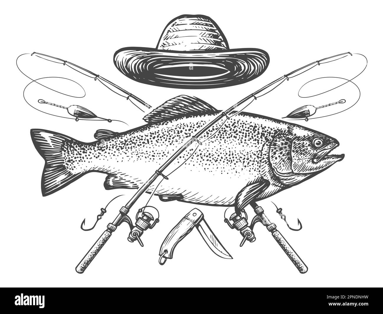 Emblema da pesca in stile annata. Pesce e canna simbolo. Sport ricreazione, disegno illustrazione Foto Stock