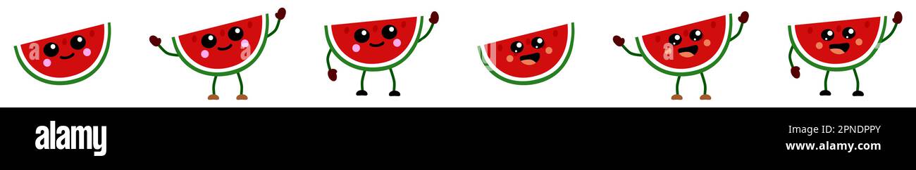Carino kawaii stile rosso anguria icona. Versione con le mani sollevate, abbassate e ondulate Illustrazione Vettoriale
