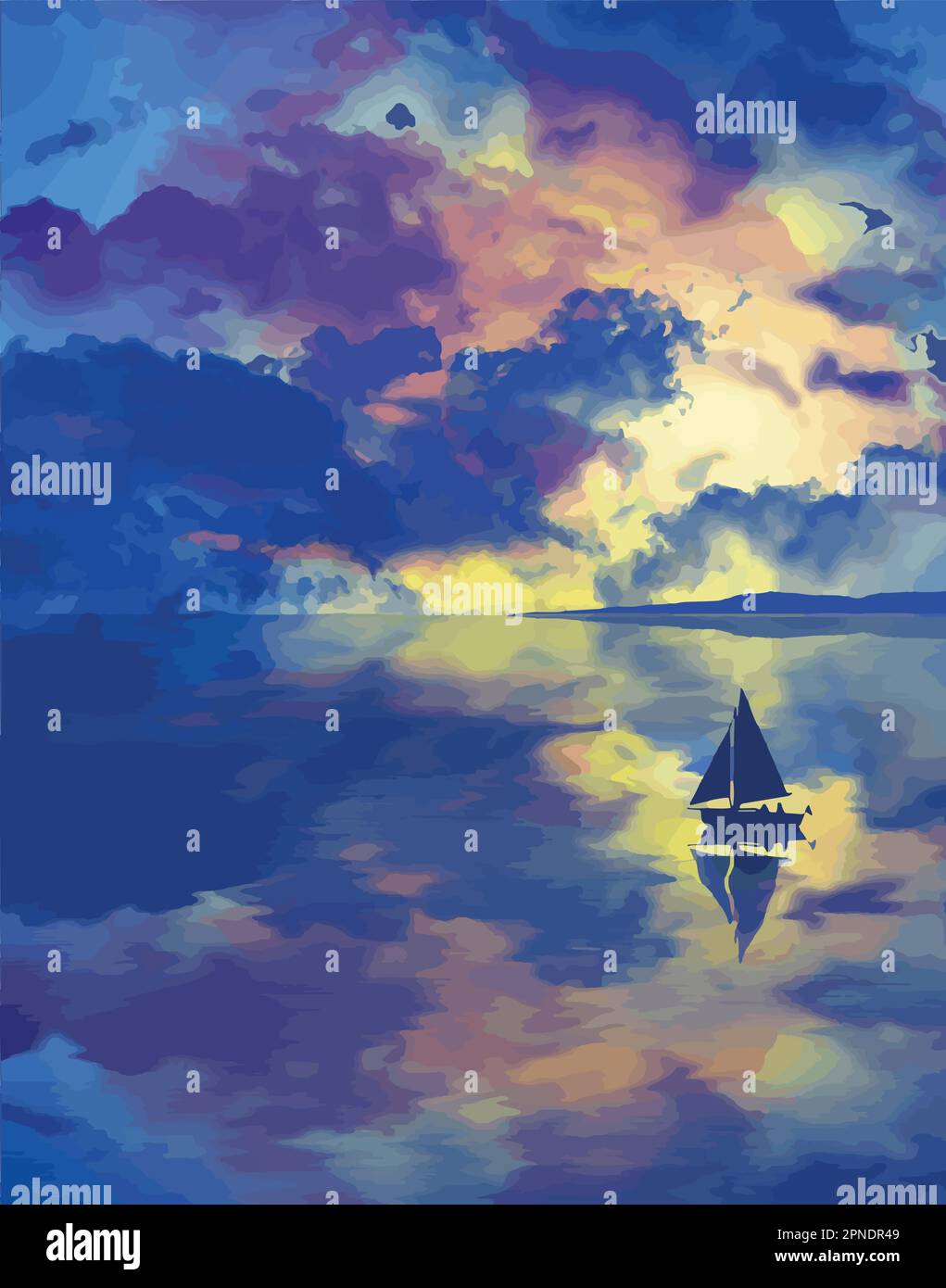 Un bel cielo crepuscolo con nuvole colorate si riflette in un lago dove una barca a vela è galleggiante. Si tratta di un'immagine vettoriale. Illustrazione Vettoriale