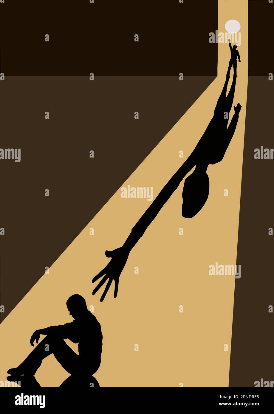 La luce del sole getta l'ombra di alcuni che si allungano per aiutare un amico in difficoltà in questa immagine vettoriale. Illustrazione Vettoriale