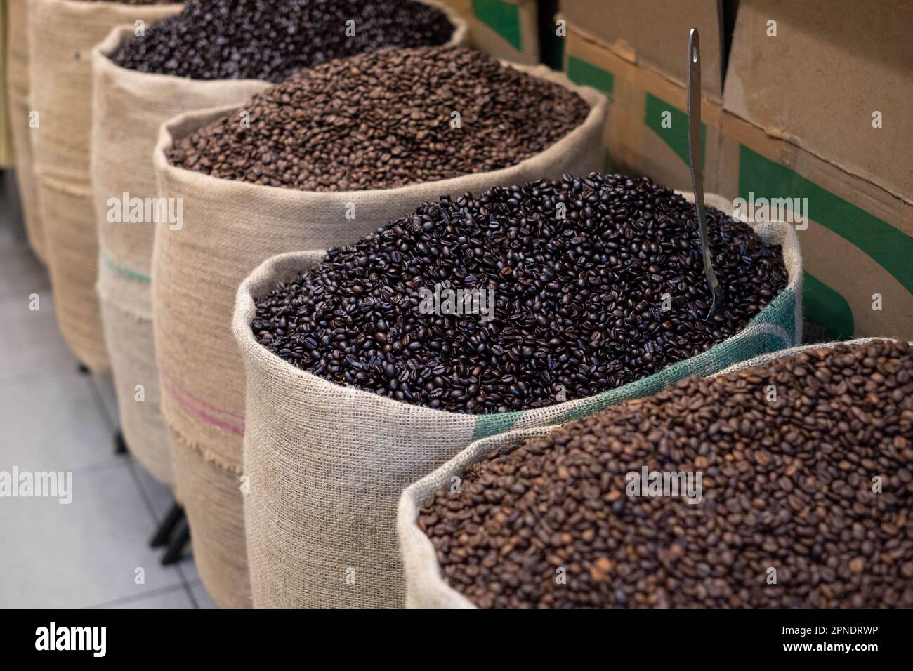 Chicchi di caffè appena tostati con una paletta in metallo, in sacchi di iuta. Primo piano con una borsa per il caffè aperta. Chicchi di caffè arabi in sacchetto Foto Stock