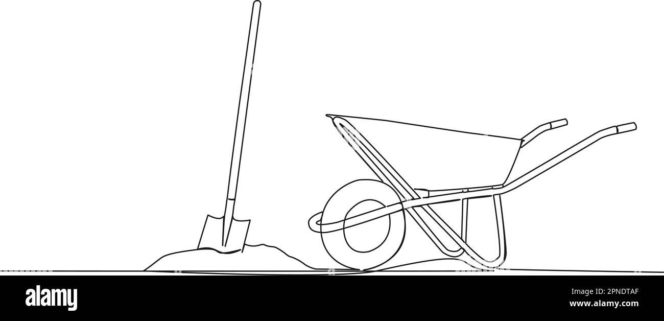 disegno a linea singola continuo della pala in cumulo di sporcizia e carriola, illustrazione vettoriale line art Illustrazione Vettoriale