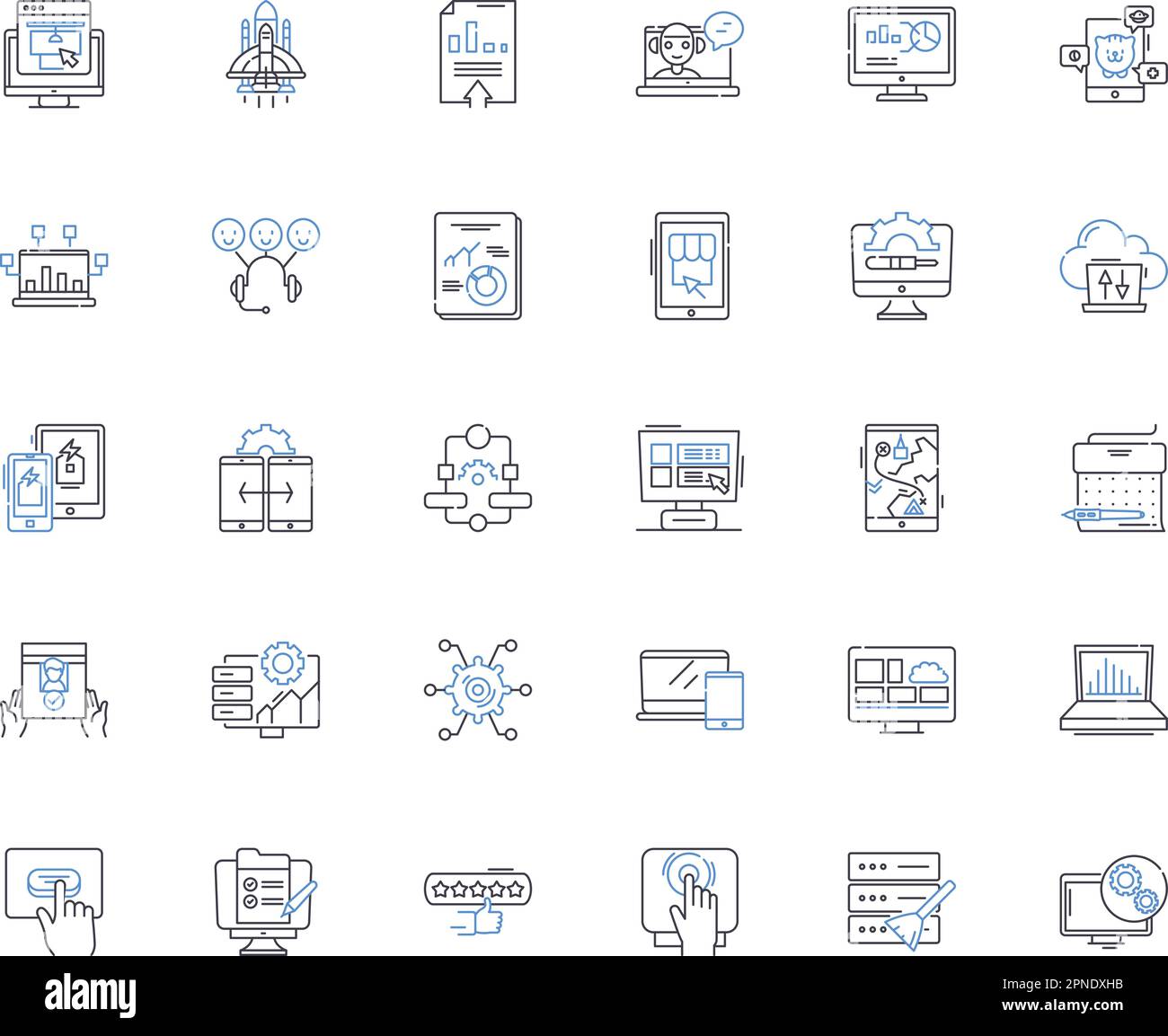 Collezione di icone della linea di tecnologia informatica. Algoritmo, codifica, Debugging, crittografia, Firewall, Hardware, vettore di interfaccia e illustrazione lineare Illustrazione Vettoriale