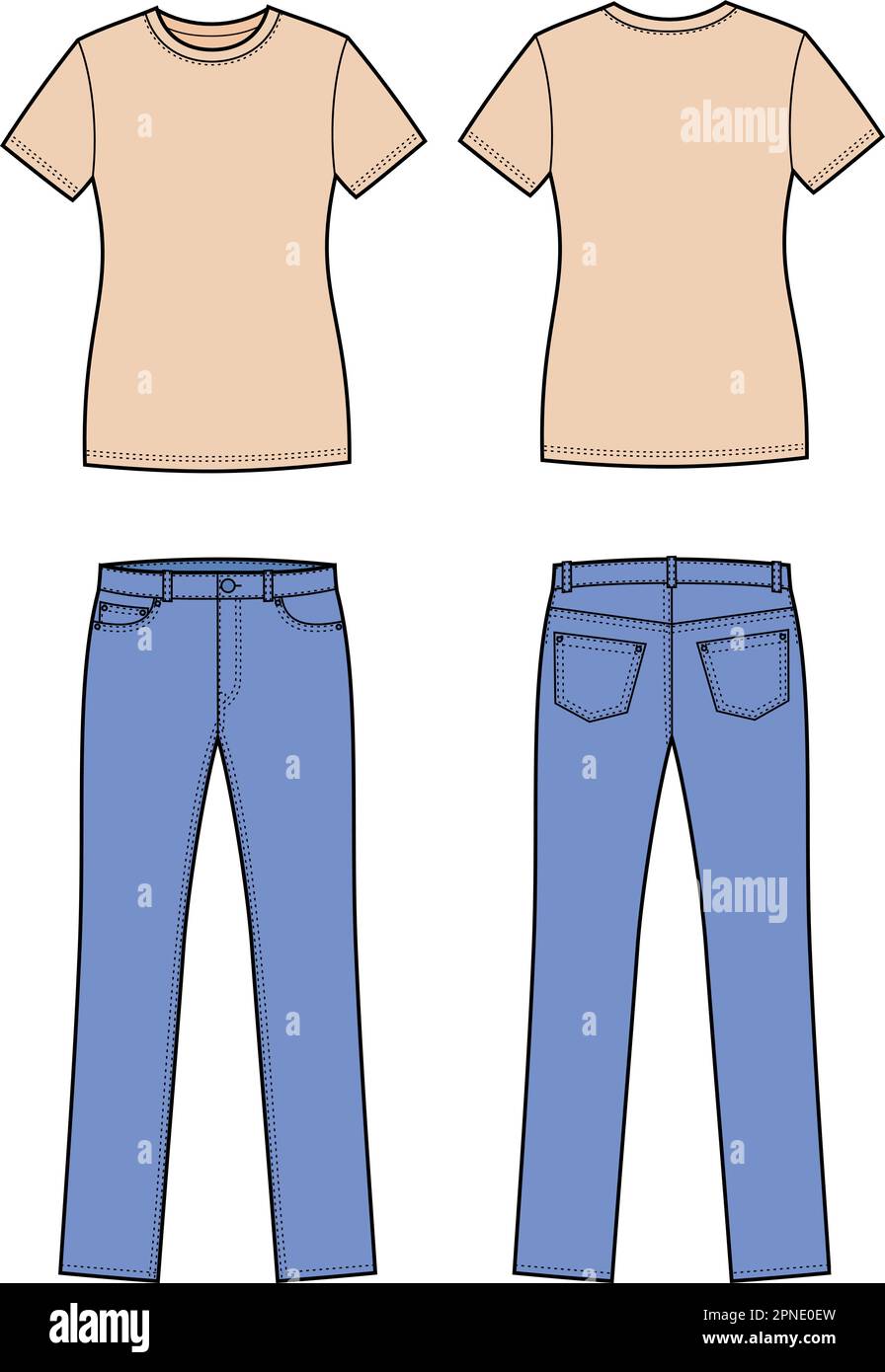 Maglietta donna e jeans moda CAD. Illustrazione Vettoriale