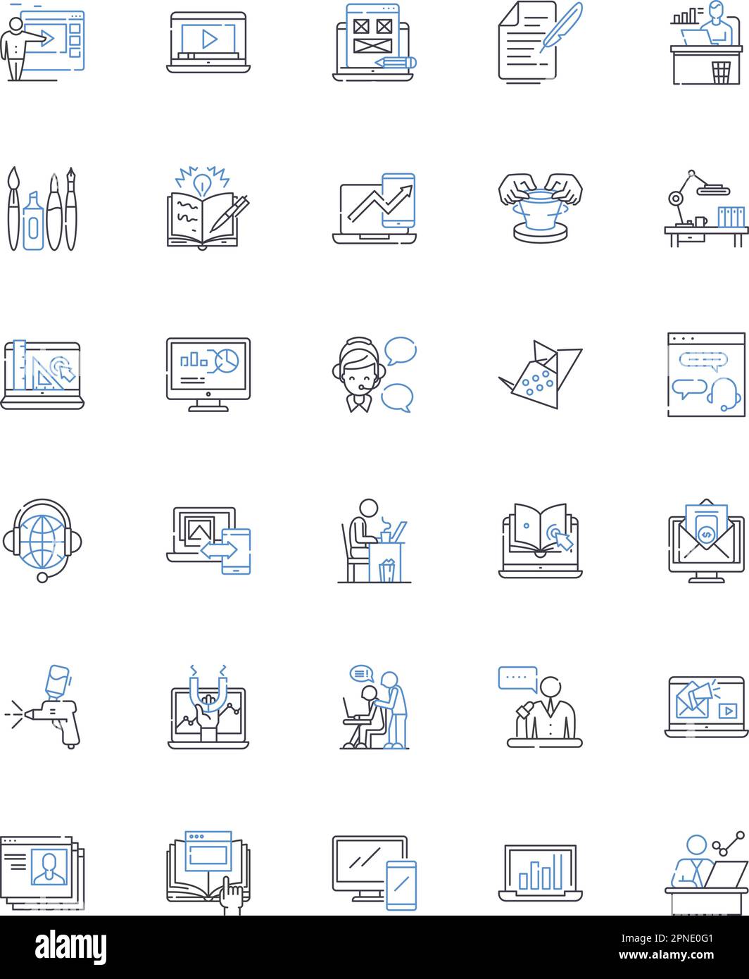 Raccolta di icone della linea di lancio del prodotto. Presentazione, rilascio, debutto, lancio, Premiere, Introduzione, rappresentazione vettoriale e lineare Illustrazione Vettoriale