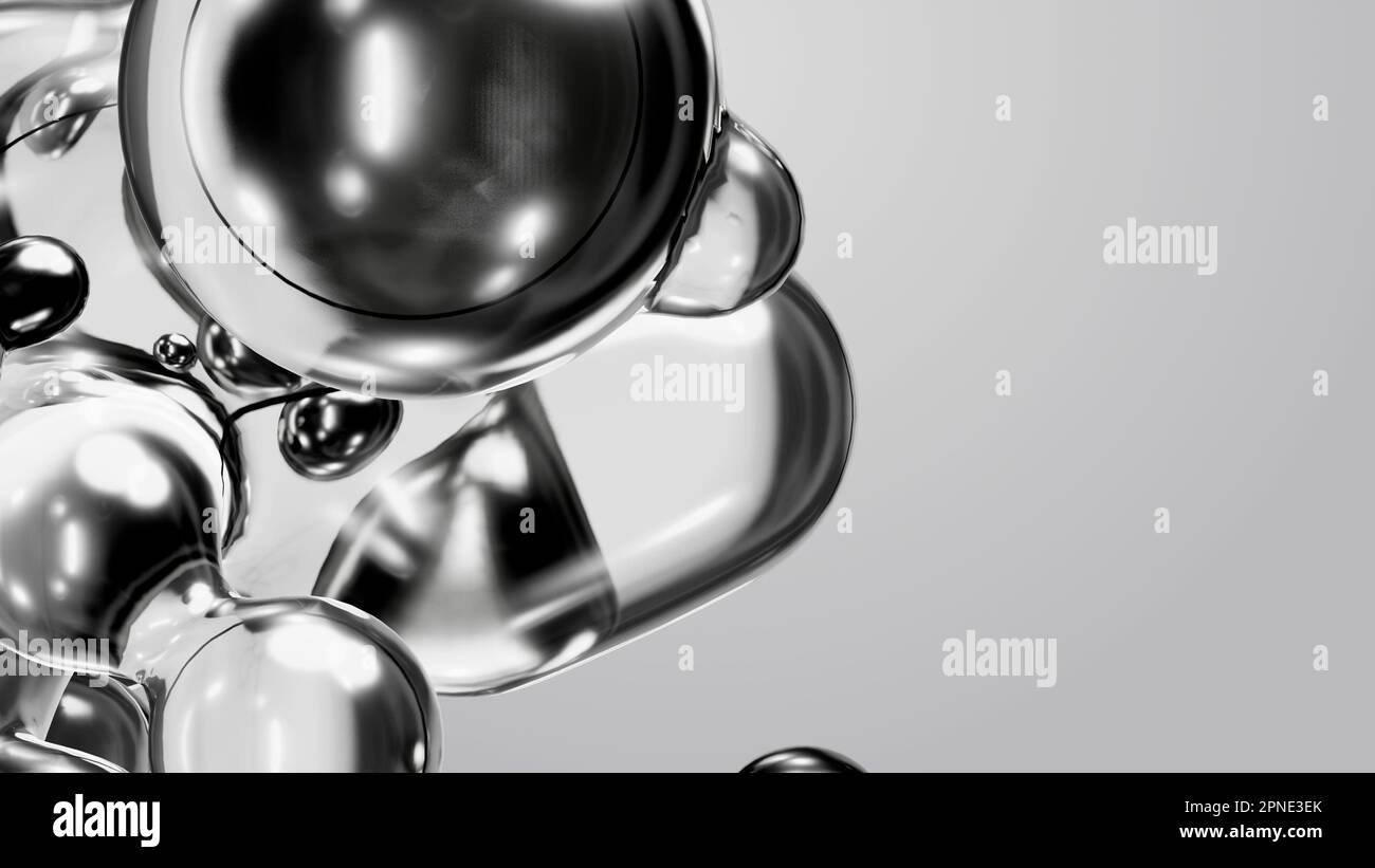 3d rendering motion design wallpaper animazione business presentazione monocromatico grigio bianco metaball grigio liquido acqua saponata mercurio bolla metasphere Foto Stock