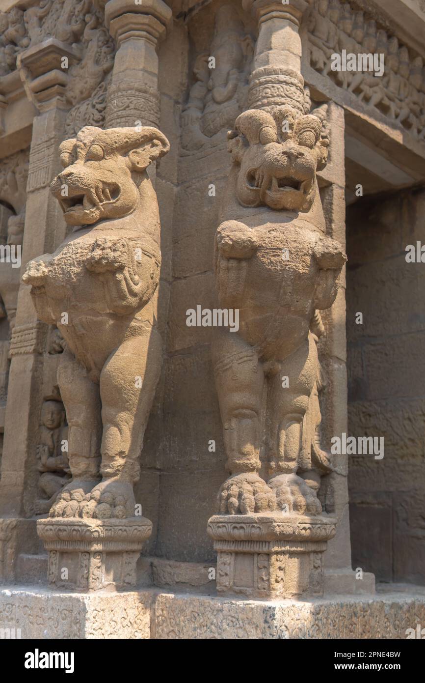 Antica scultura di due leoni mitologici all'angolo della parete al tempio di Kailasanatha, Kanchipuram (Kancheepuram Kanjivaram), Tamil-Nadu, India. Foto Stock