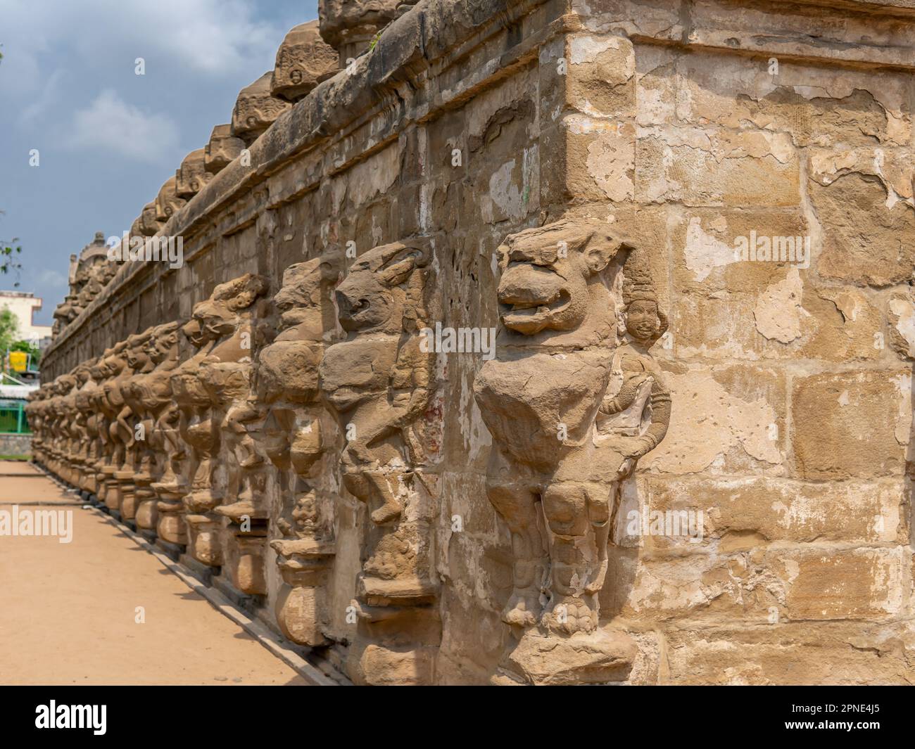 Muro di confine esterno del tempio di Kailasanatha fiancheggiato da sculture mitologiche di leoni, Kanchipuram (Kancheepuram Kanjivaram), Tamil-Nadu, India. Foto Stock
