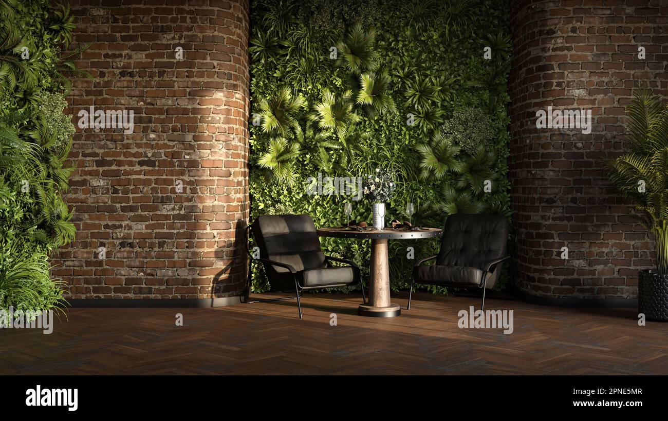 Parete verde verticale con design moderno degli interni, rendering 3D Foto Stock