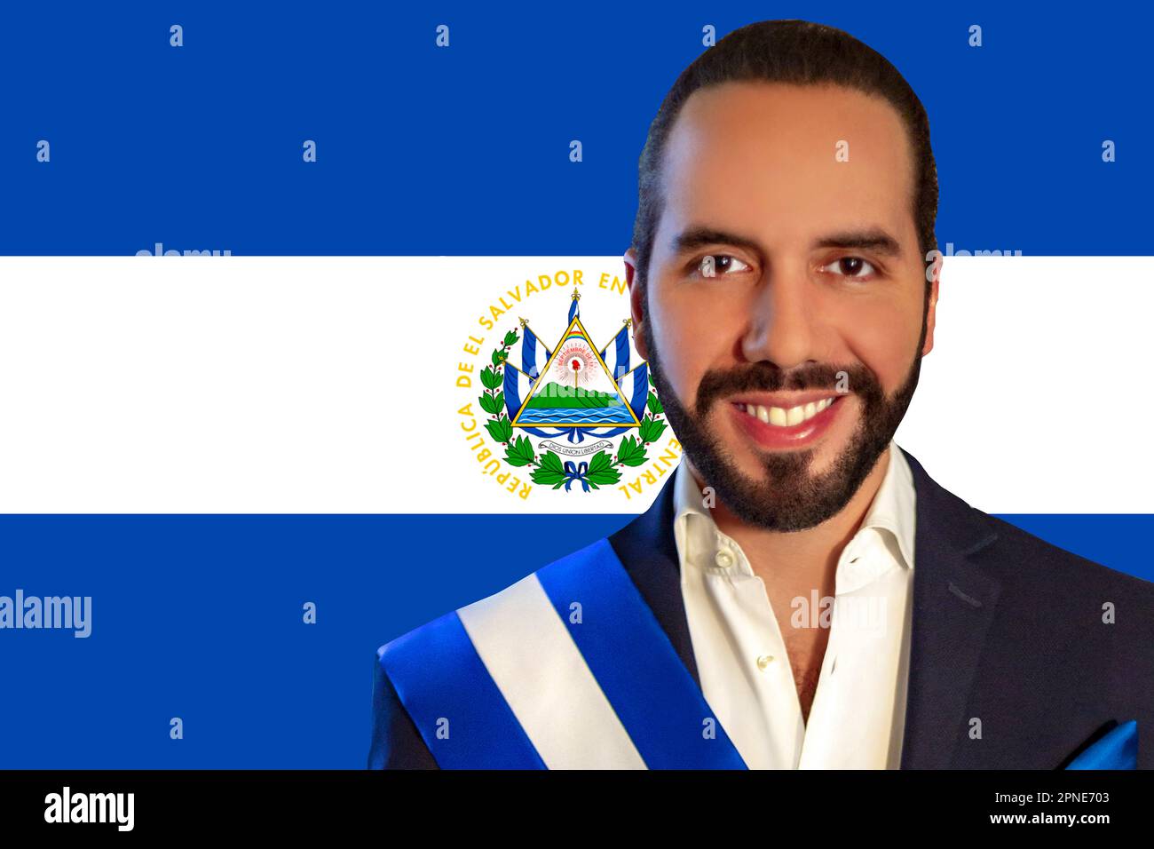 Nayib Bukele e bandiera di El Salvador Foto Stock