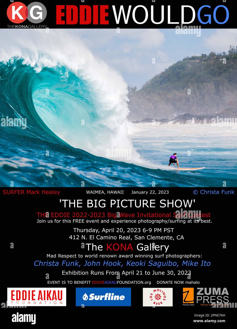 Il Big Picture Show al KONA Galley. Unitevi a noi per questo evento gratuito e provate il meglio della fotografia e del surf. Giovedì 20 aprile 2023 6-9pm PST. 412 N. El Camino Real, San Clemente, CA, Stati Uniti. MAD rispetto per i rinomati fotografi di surf: Christa Funk, John Hook, Keoki Saguibo, Mike Ito. La mostra si svolge dal 21 aprile al 30 giugno 2023. L'evento è a beneficio di Eddie Aikau Foundation.org Donate Now mahalo. L'Eddie è il primo evento nello sport del surf, noto anche come il Super Bowl del surf. The Eddie Big Wave Invitational celebra l'attuale lignaggio dei surfisti delle onde grandi, come Wel Foto Stock