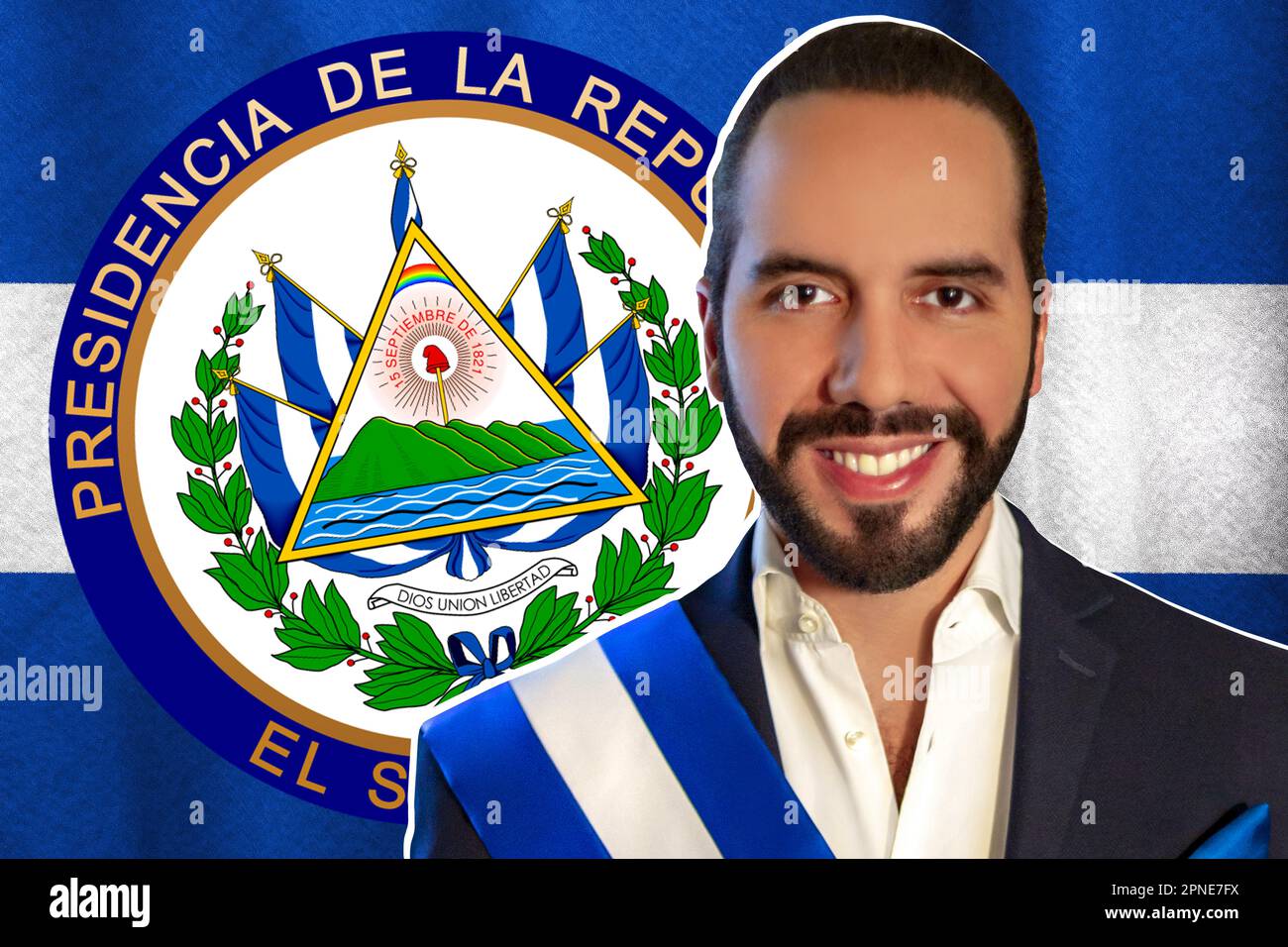 Nayib Bukele, bandiera di El Salvador e logo della Presidenza Foto Stock