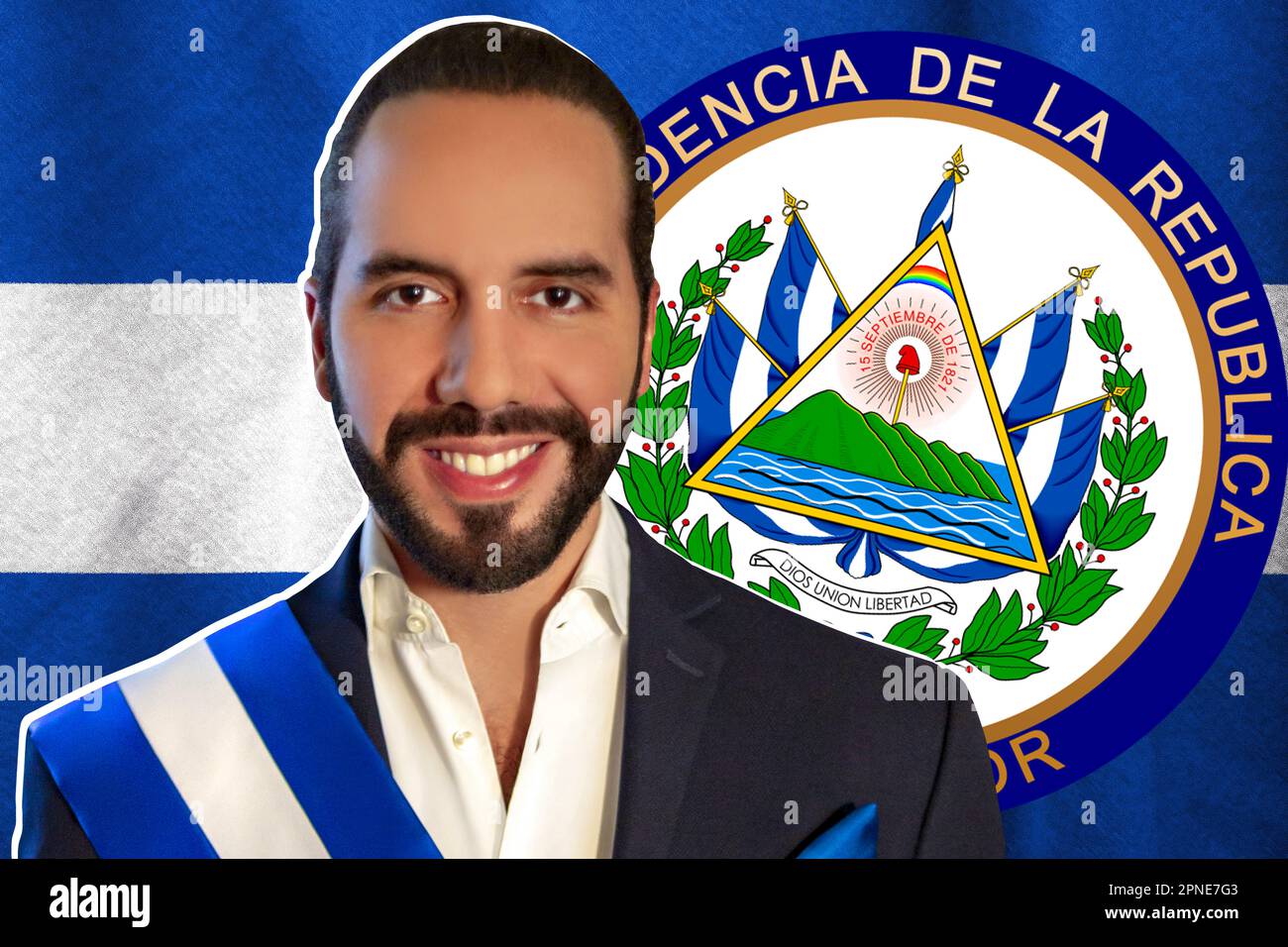 Nayib Bukele, bandiera di El Salvador e logo della Presidenza Foto Stock