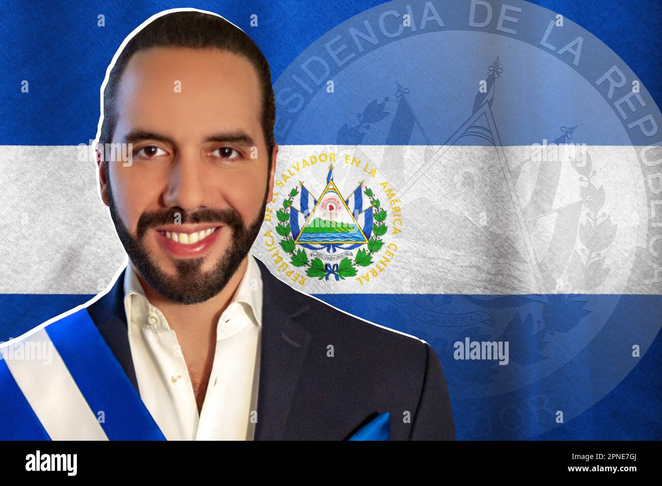 Nayib Bukele, bandiera di El Salvador e logo della Presidenza Foto Stock
