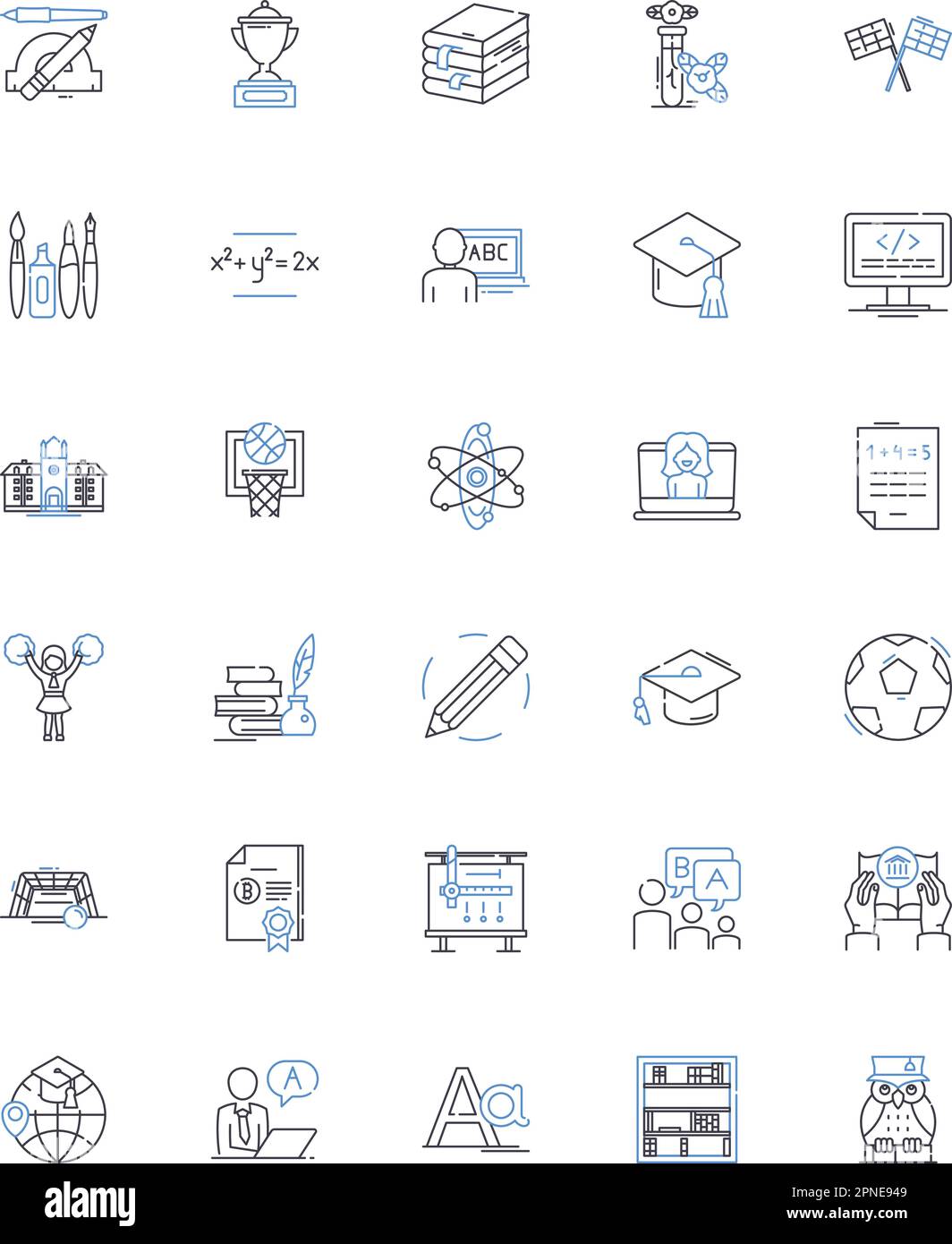 Collezione di icone della linea Academy. Istruzione, formazione, istituzione, eccellenza, Borse di studio, Formazione, vettore di conoscenza e illustrazione lineare Illustrazione Vettoriale