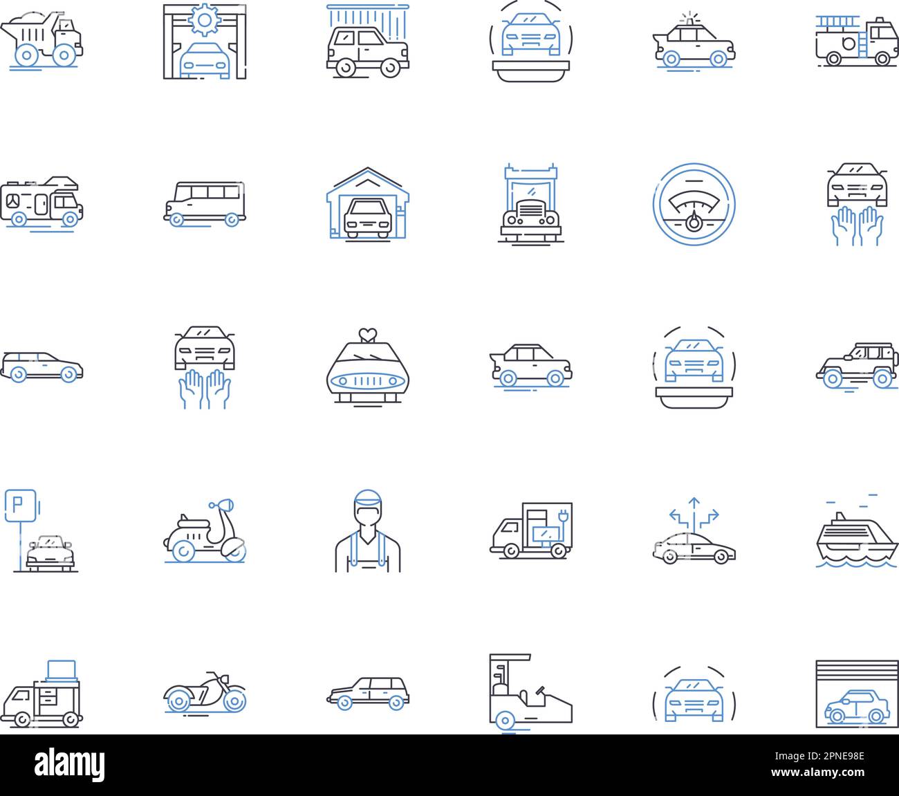Raccolta delle icone della linea del veicolo. Automobile, automobile, camion, motocicletta, furgone, Bus, vettore SUV e illustrazione lineare. Segnali di contorno berlina, coupé, cabriolet Illustrazione Vettoriale