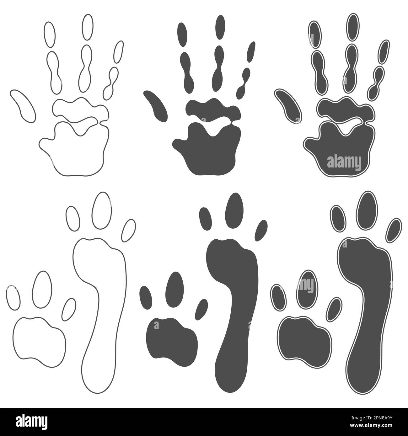 Set di illustrazioni in bianco e nero con stampa di mani e piedi alieni. Oggetti vettoriali isolati su sfondo bianco. Illustrazione Vettoriale
