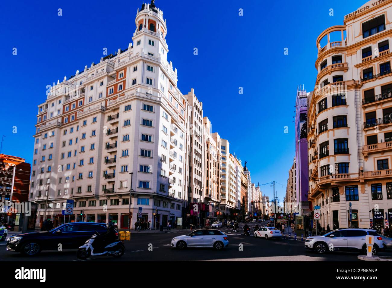 La Gran Vía, vista dalla Plaza de España. Madrid, Comunidad de Madrid, Spagna, Europa Foto Stock