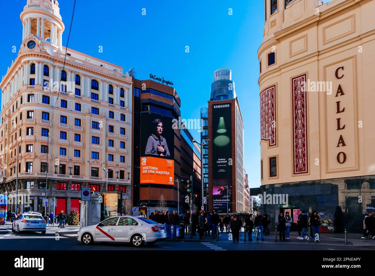Piazza Callao, Plaza del Callao, si trova nel centro della capitale spagnola di Madrid. Situato in una zona molto commerciale della città, il ped Foto Stock